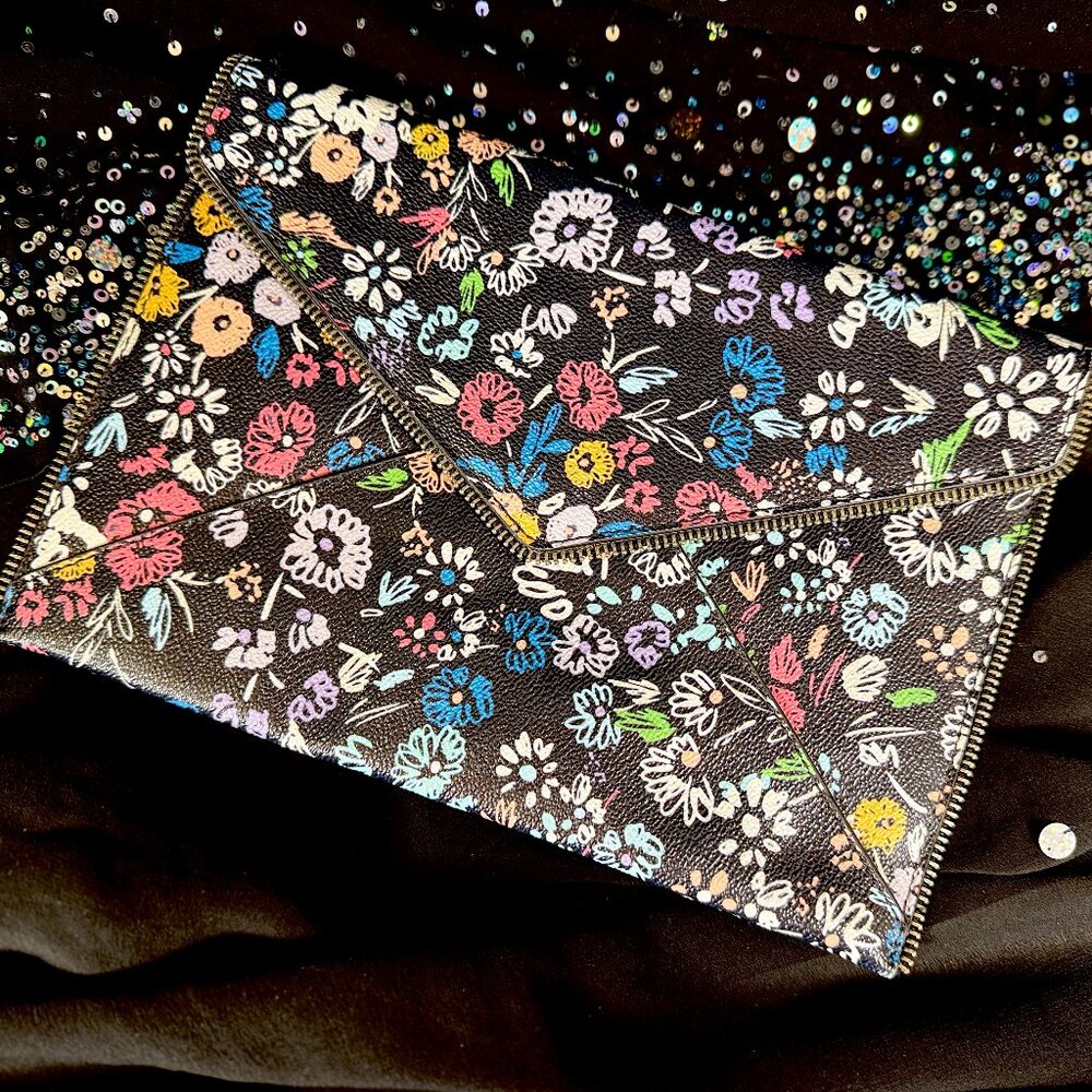 Rebecca Minkoff Leo Clutch – Black/Floral Coated Canvas with Zipper Trim
